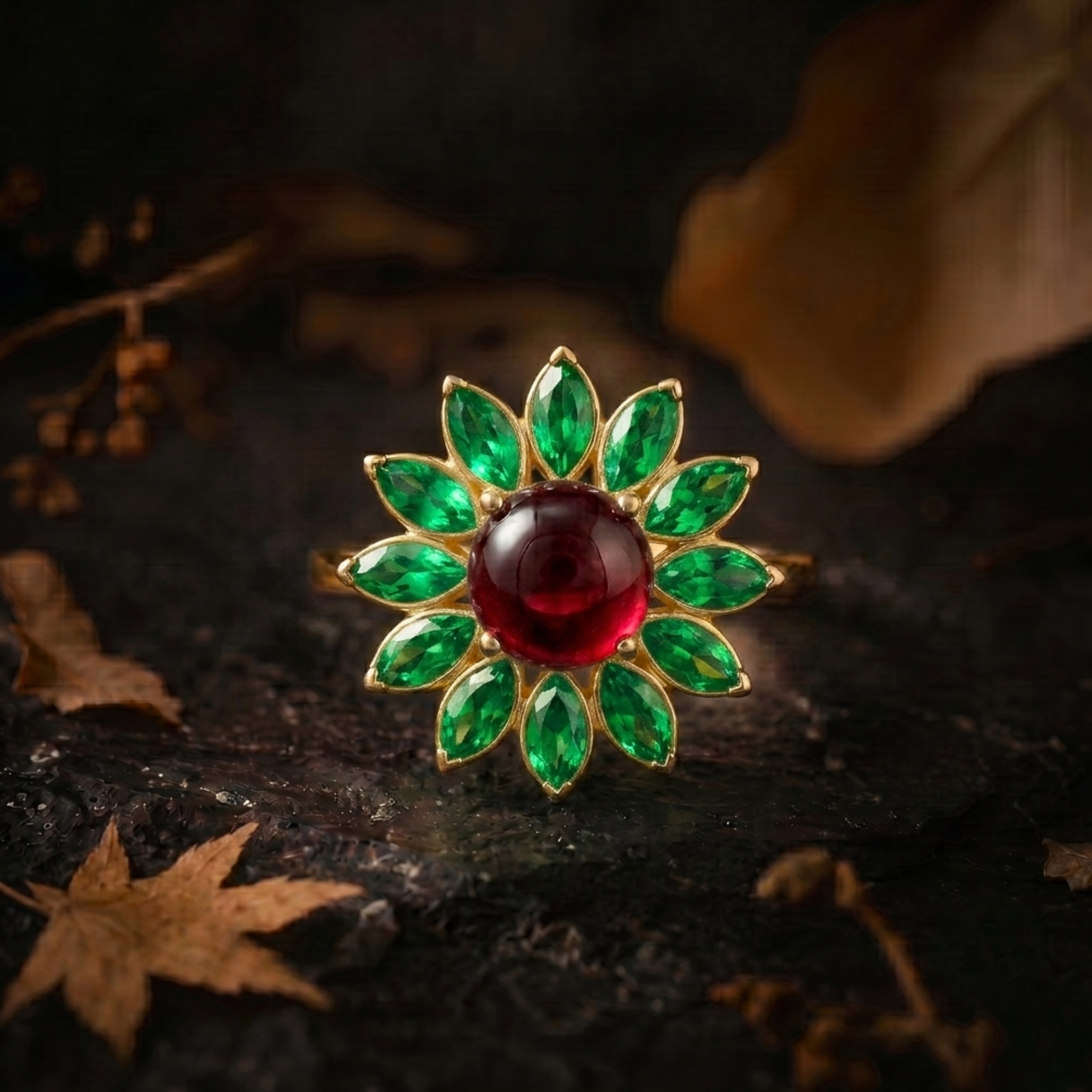 Unique Red Garnet Emerald Flower Halo Wedding Ring/Pear Emerald Engagement Ring/Vintage Art Deco Nature Inspired Bridal Jewelry Gift For Her