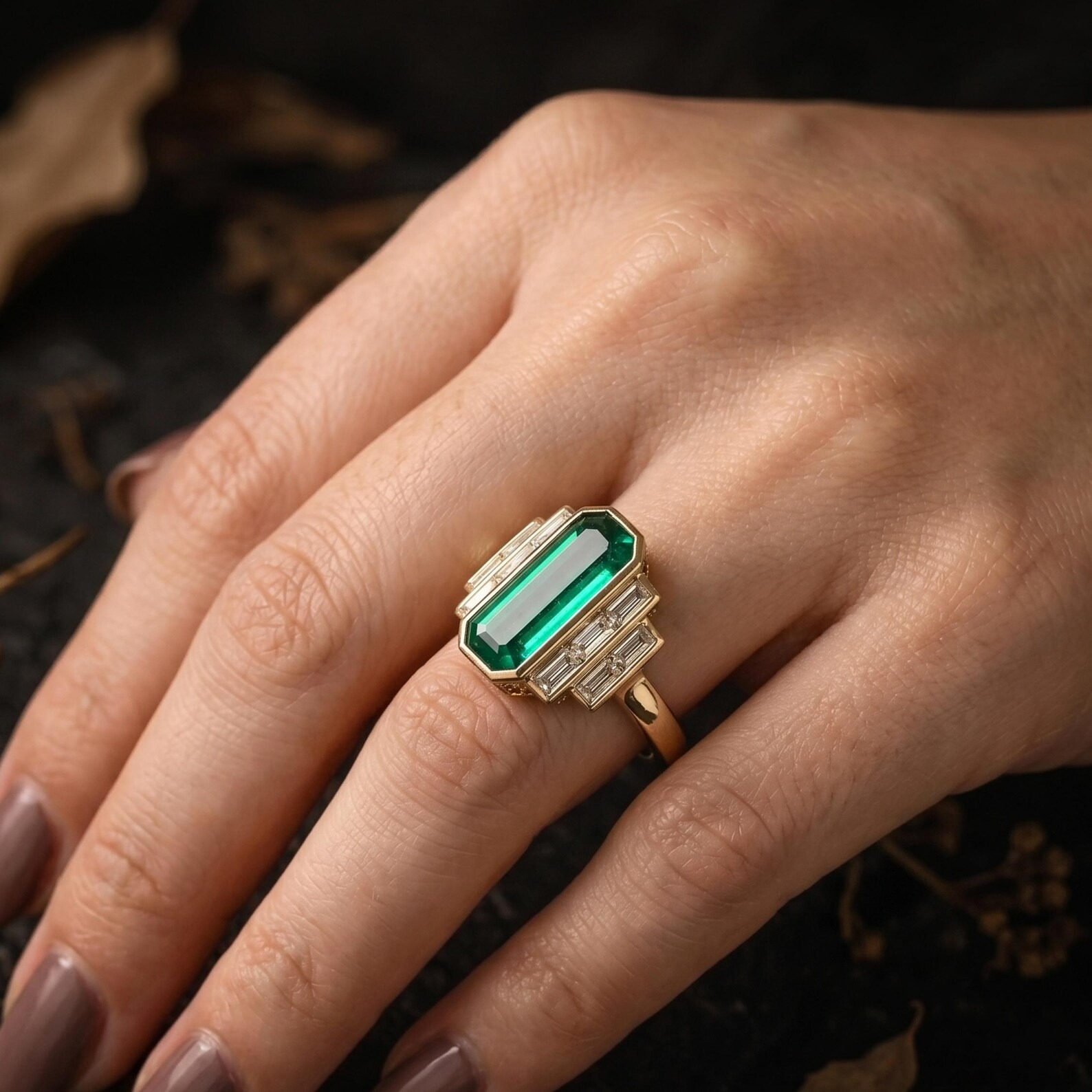 Elongated Emerald Cut Emerald Engagement Ring, May Birthstone Jewelry, Baguette Cut Moissanite Bridal Promise Ring, Anniversary Gift For Her