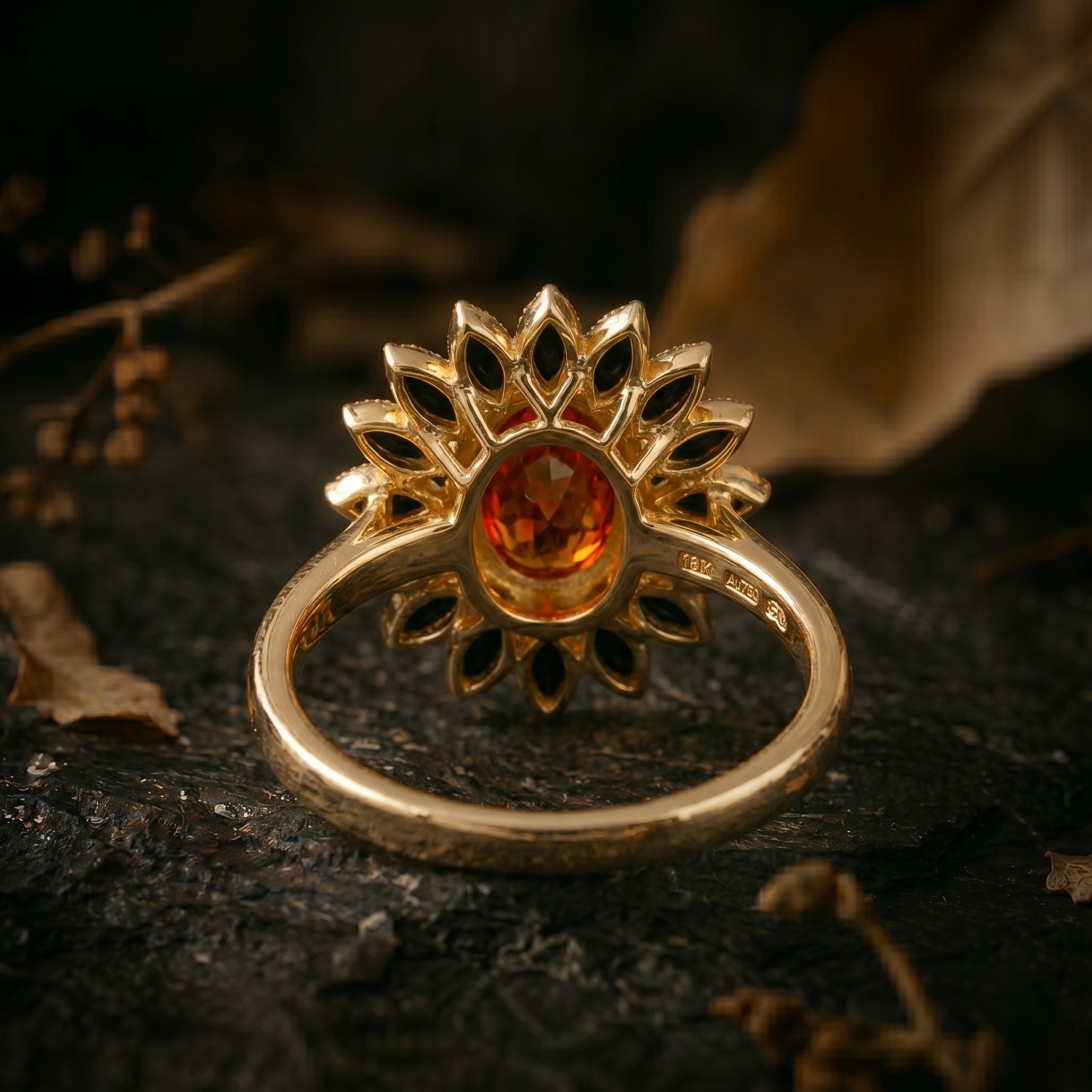 Vintage Oval Sunstone Onyx Flower Ring, Floral Halo Gold Engagement Ring, Black Onyx Spring Summer Trend June Birthstone Boho Gift For Women