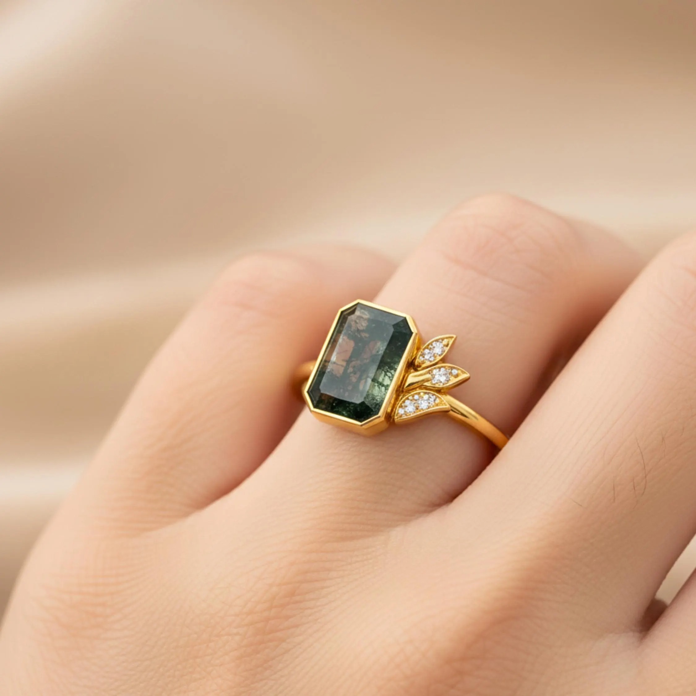 Natural Emerald Cut Moss Agate Engagement Ring, Green Gemstone Delicate Stacking Ring, Moissanite Promise Ring for Women By Muktara Jewelry