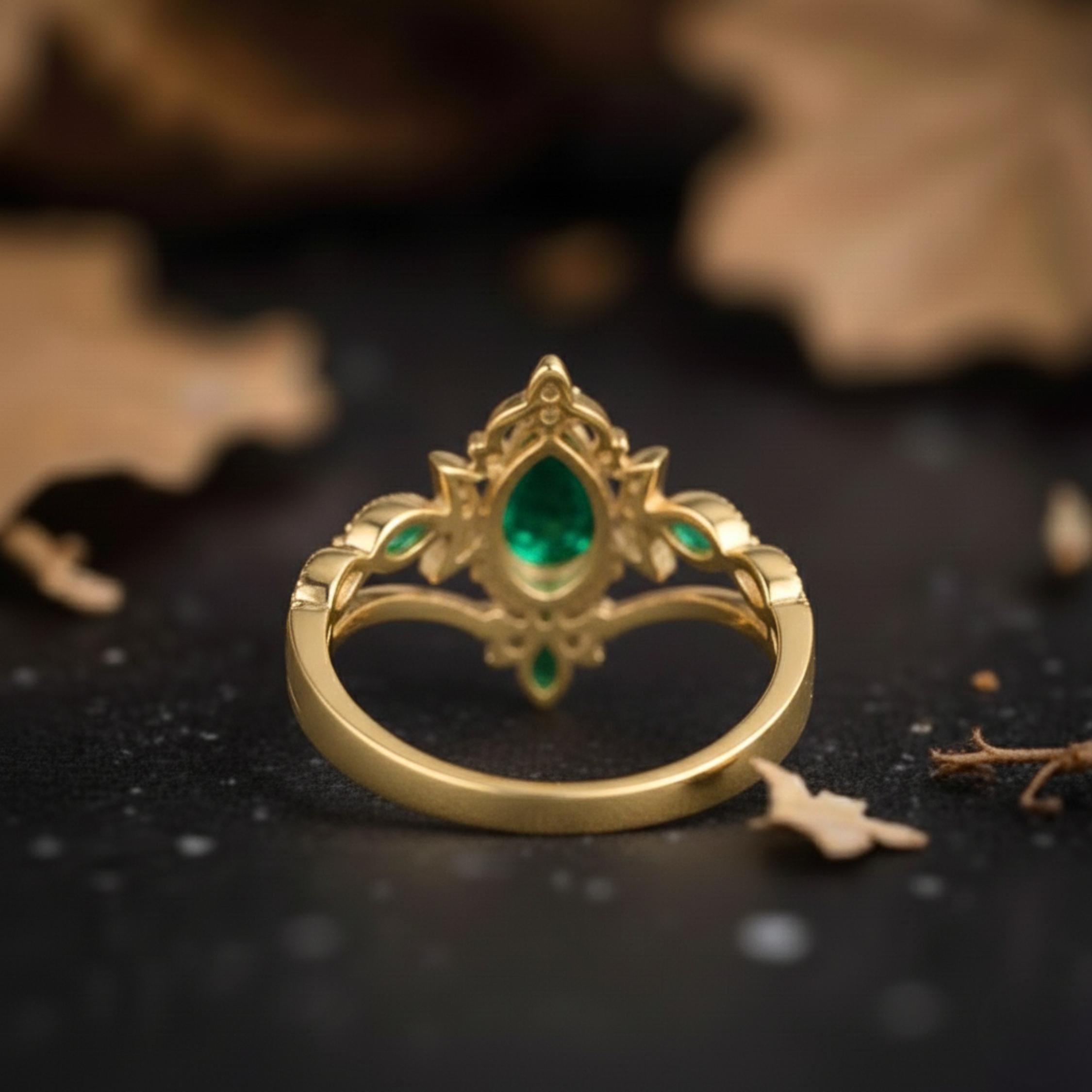 Emerald Moissanite Vine Half Moon Unique floral Engagement ring Pear Shaped Bridal Set Anniversary gift Vintage Wedding Ring Gifts For Women