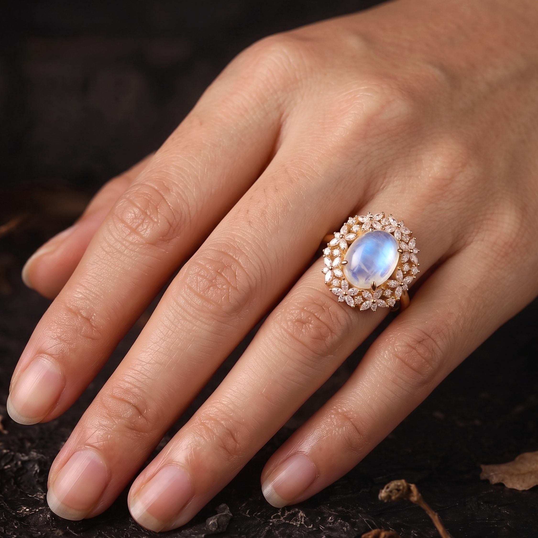 Unique Marquise Cut Flower Moissanite Engagement Ring, 14k Gold Blue Moonstone Floral Twist Promise Ring for Women Oval Nature Inspired Ring