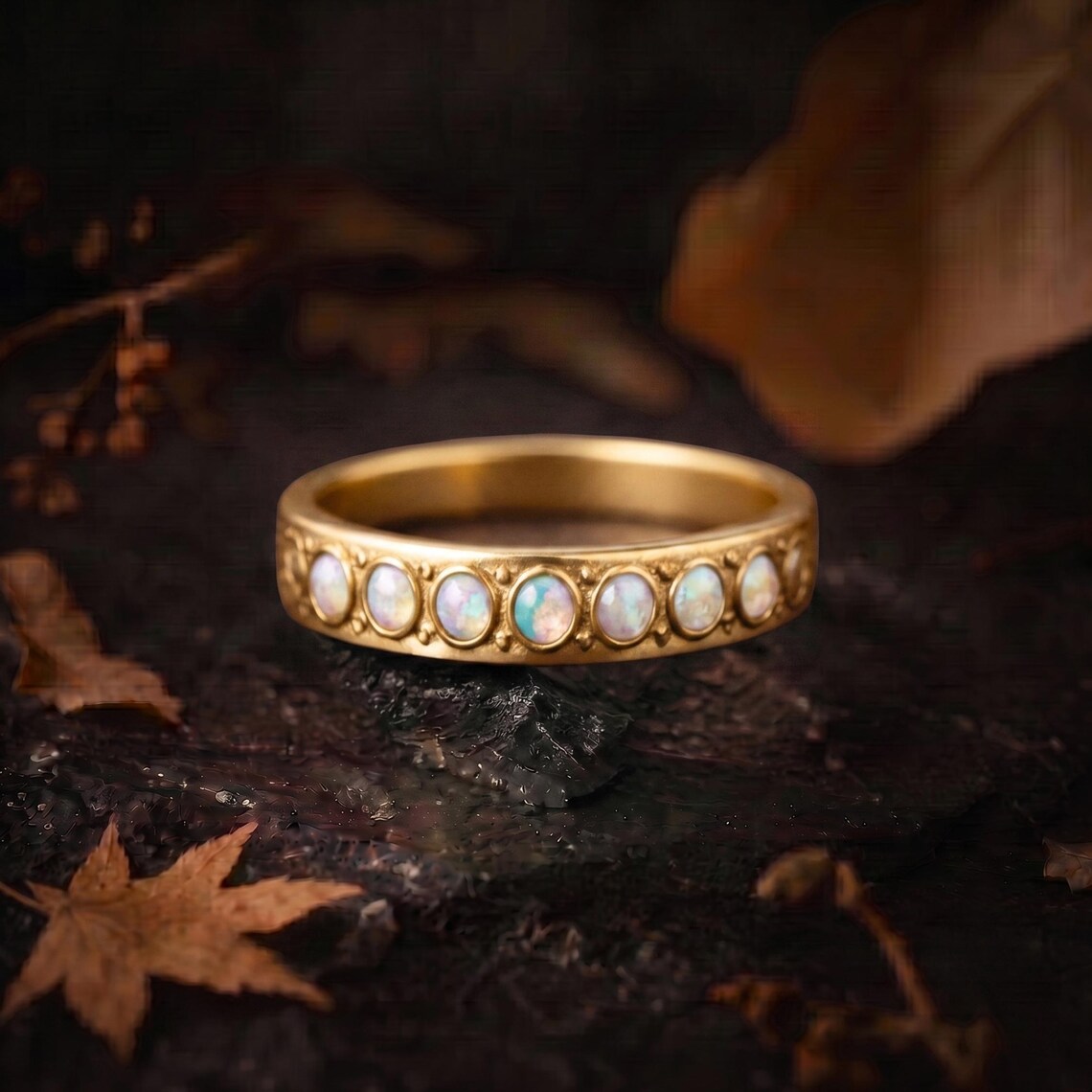 Vintage White Opal Band, Round Opal Wedding Band, 14k Gold Eternity Round Opal Ring, Dainty October Birthstone Ring, Matching Band Ring Gift