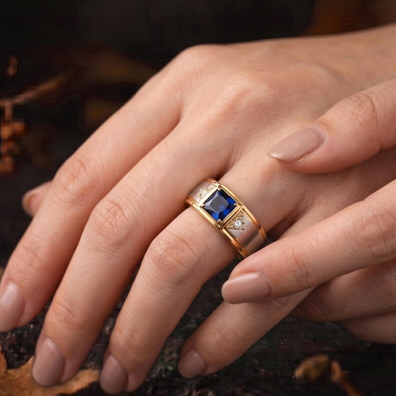 Vintage Art Deco Square Cut Blue Sapphire Moissanite Engagement Ring, Unique Gold Silver Men Ring Retro Moissanite Wedding Ring Gift For Him