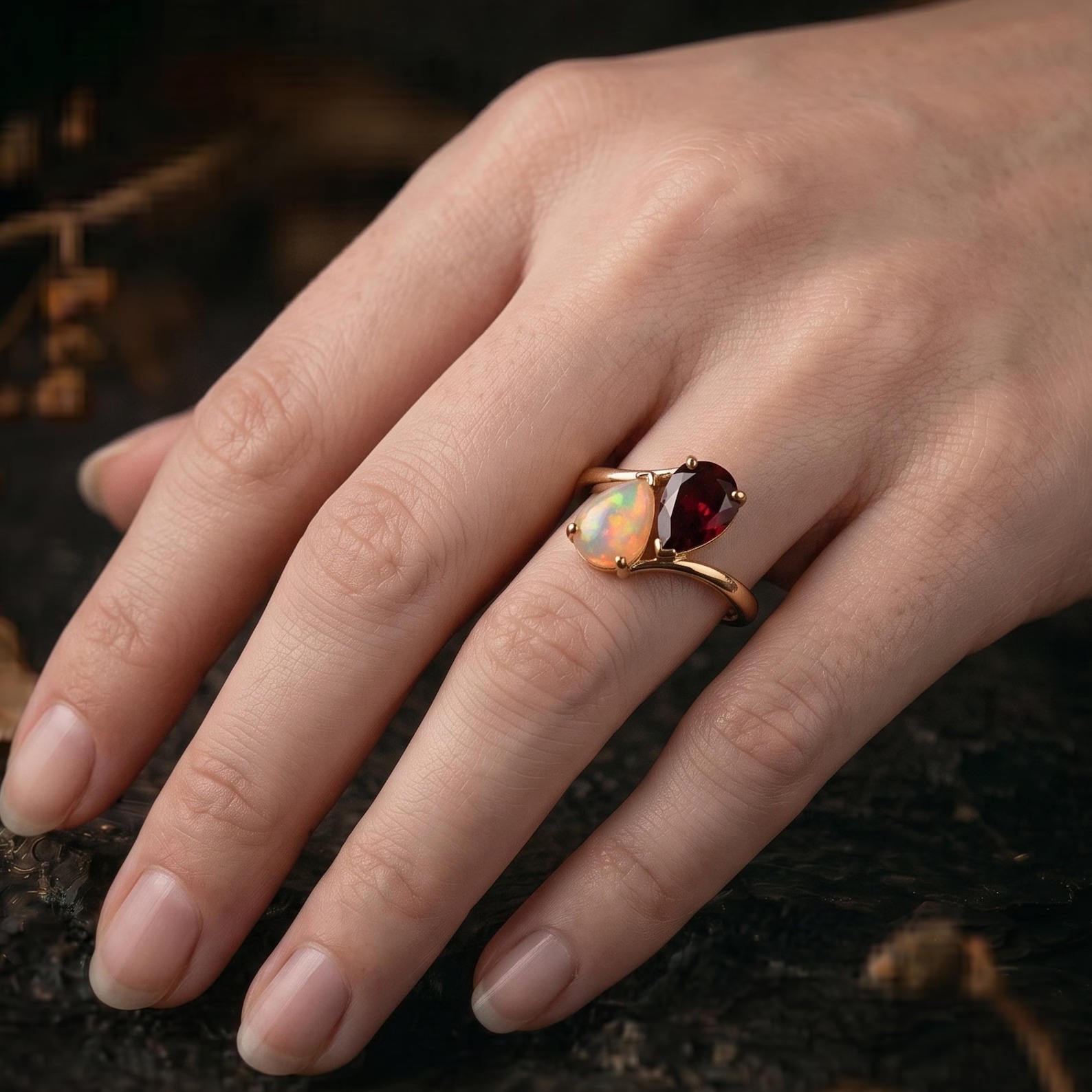 Unique Pear Cut Garnet and Opal Ring, 14k Yellow Gold Toi Et Moi Two Stone Ring, Vintage Opal Garnet Promise Statement Ring, Gift for Women