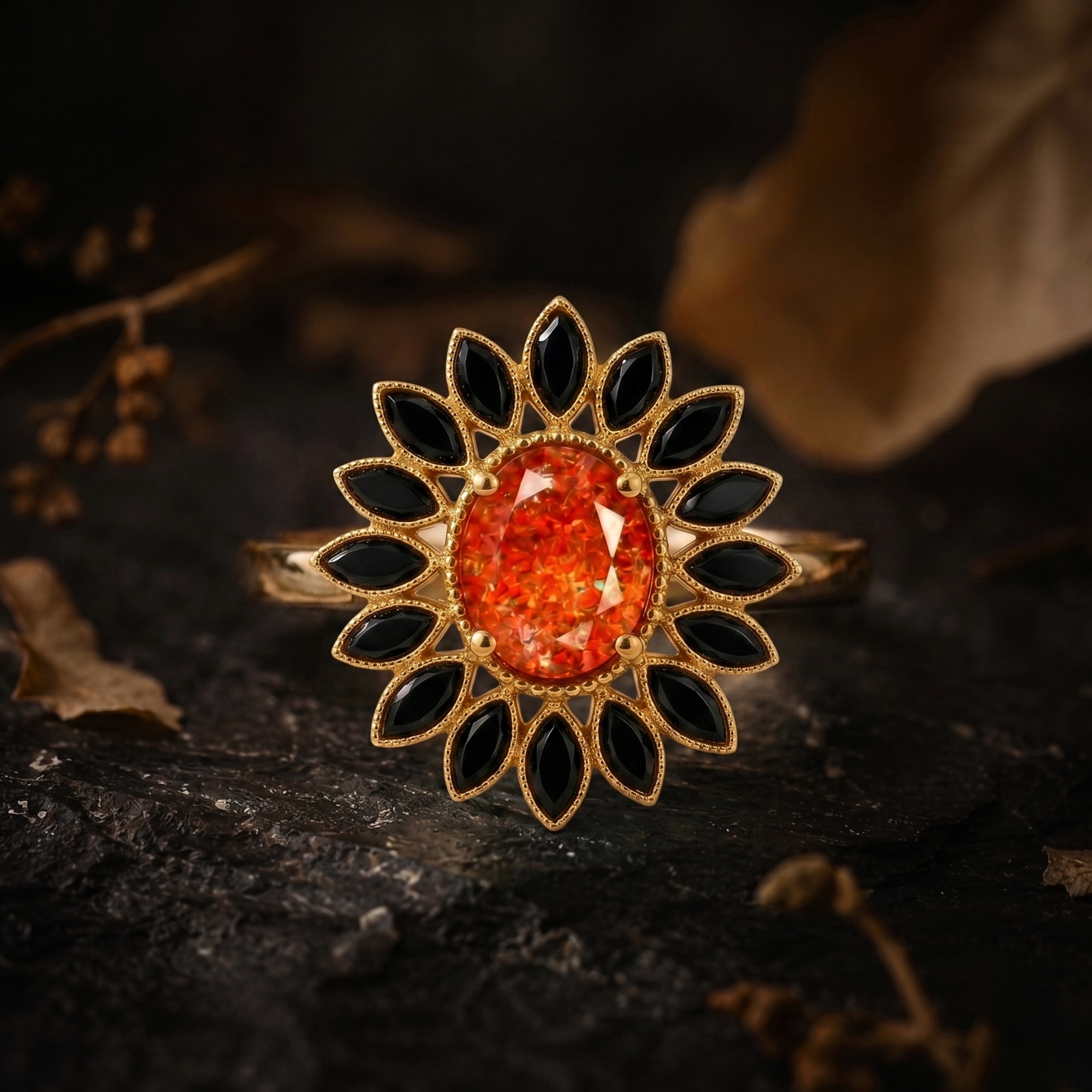 Vintage Oval Sunstone Onyx Flower Ring, Floral Halo Gold Engagement Ring, Black Onyx Spring Summer Trend June Birthstone Boho Gift For Women