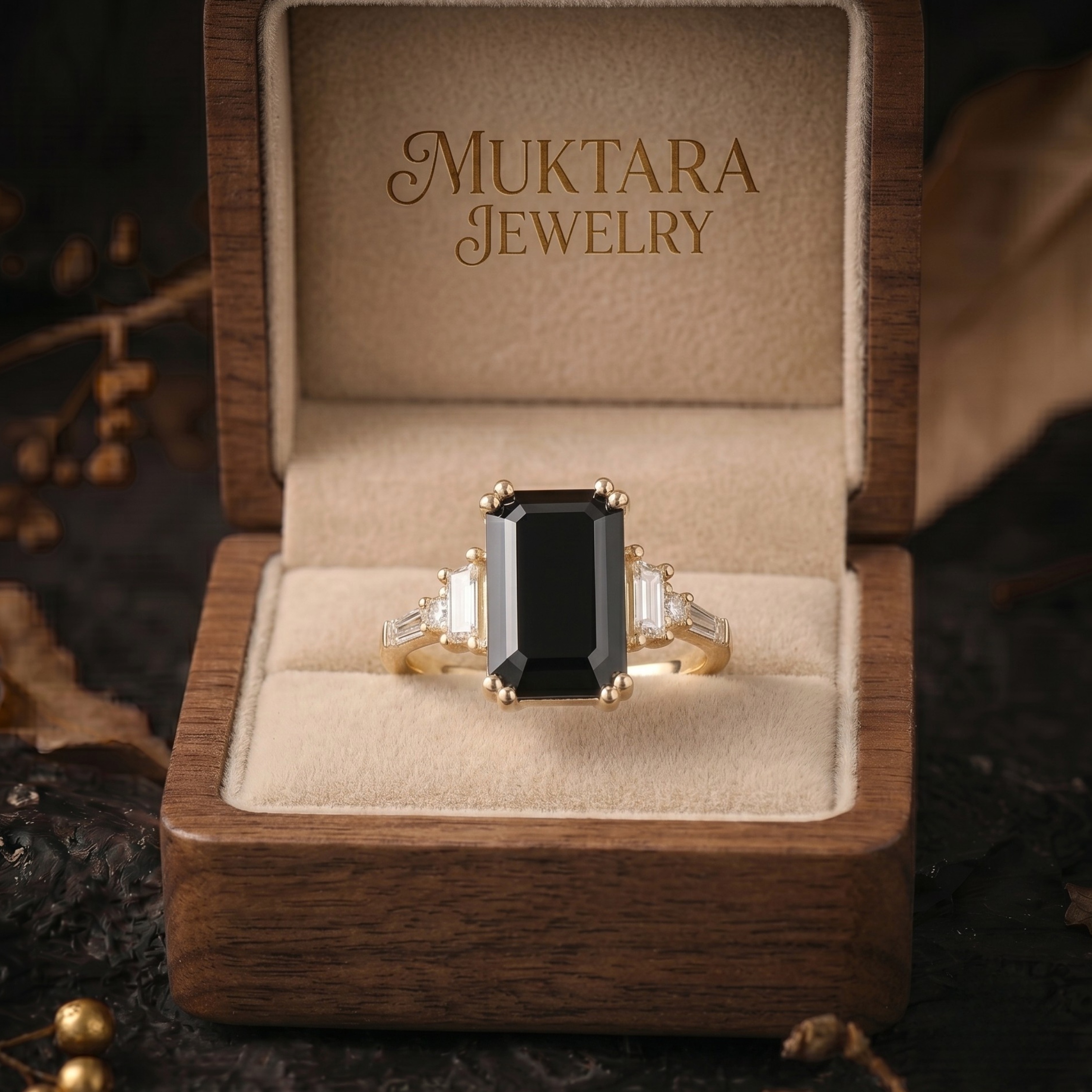 Genuine Emerald Cut Onyx Moissanite Ring, 14K December Birthstone Jewelry, Black Gemstone Engagement Ring, Anniversary Birthday gift for her