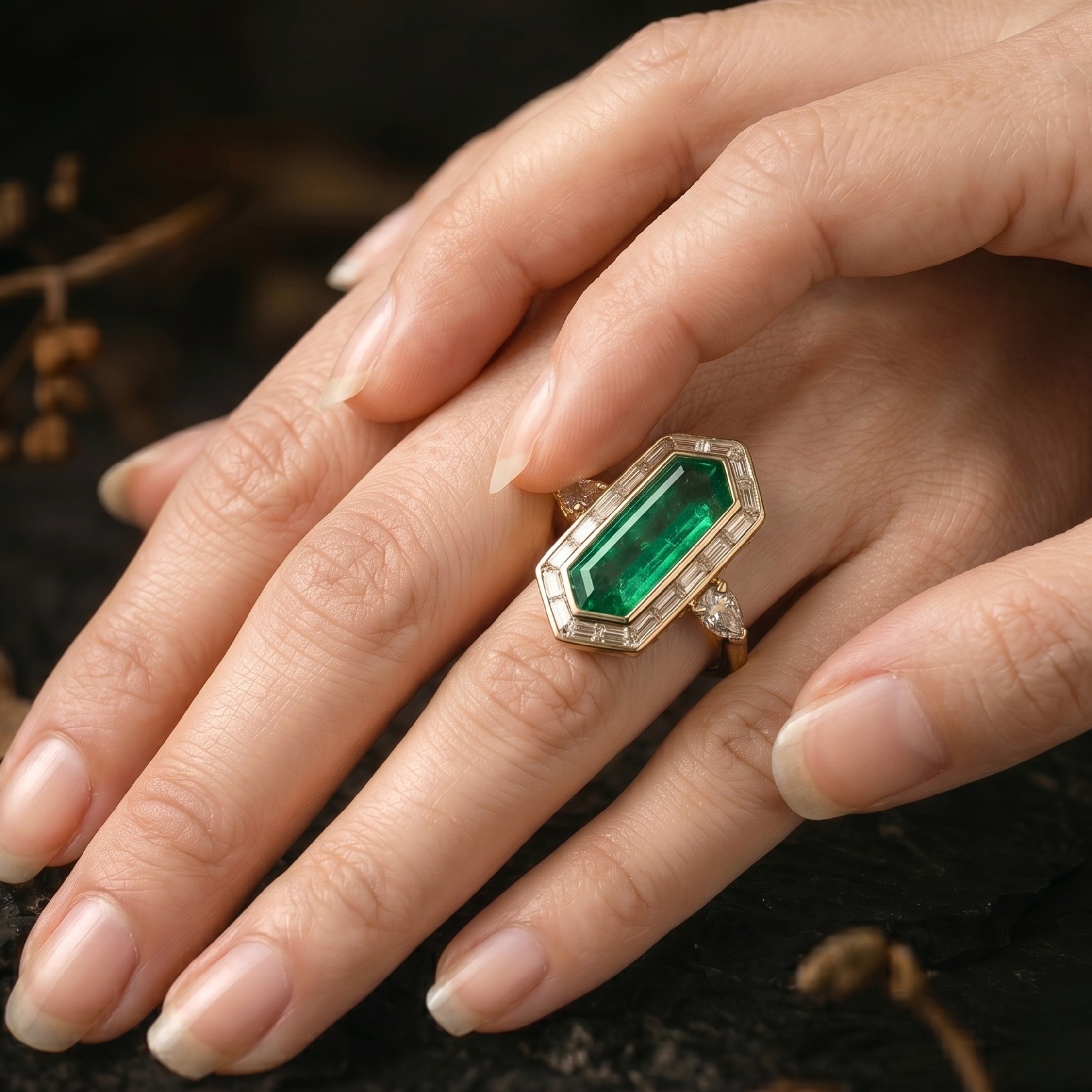 Elongated Emerald Cut Emerald Engagement Ring, May Birthstone Jewelry, Baguette Cut Moissanite Bridal Promise Ring, Anniversary Gift For Her