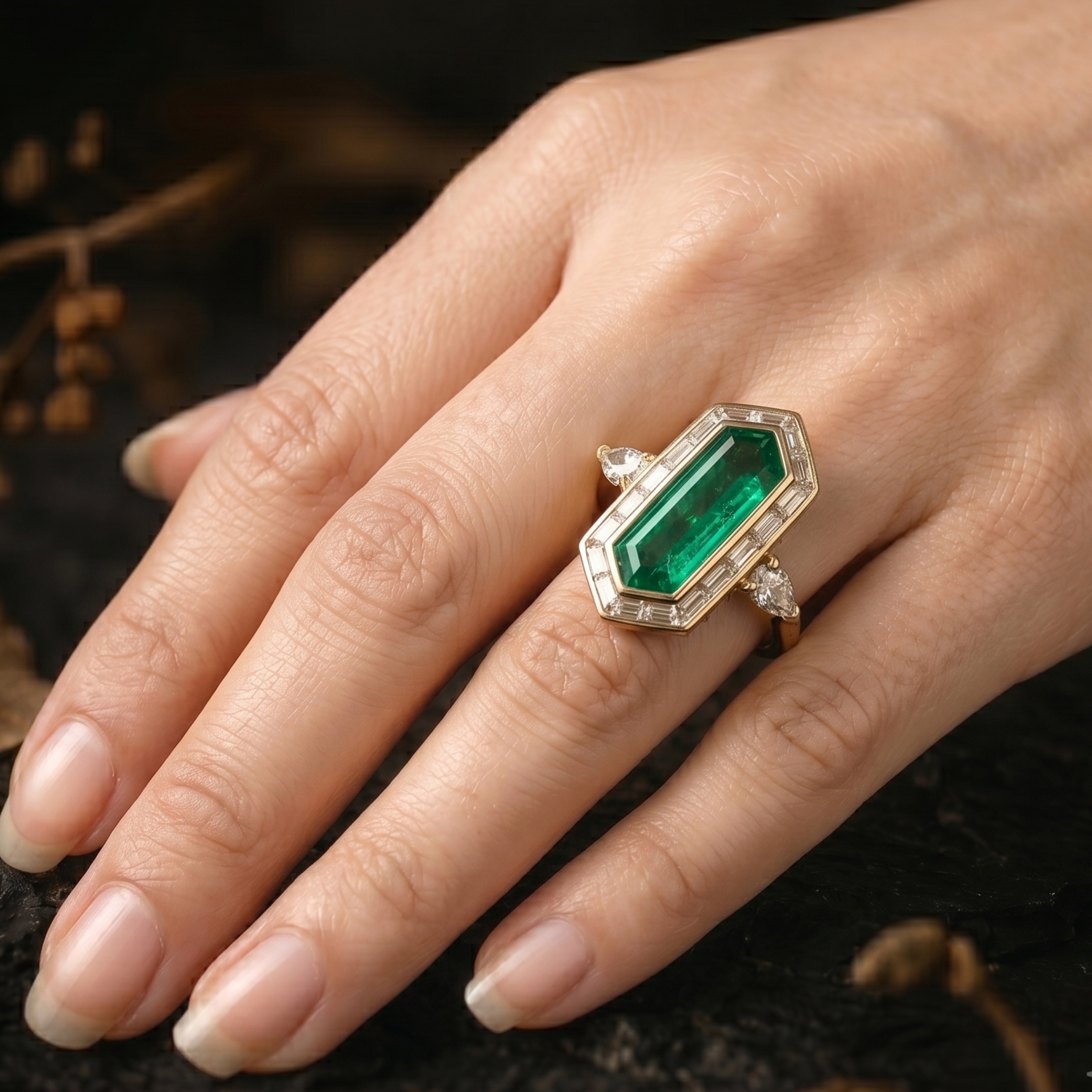 Elongated Emerald Cut Emerald Engagement Ring, May Birthstone Jewelry, Baguette Cut Moissanite Bridal Promise Ring, Anniversary Gift For Her