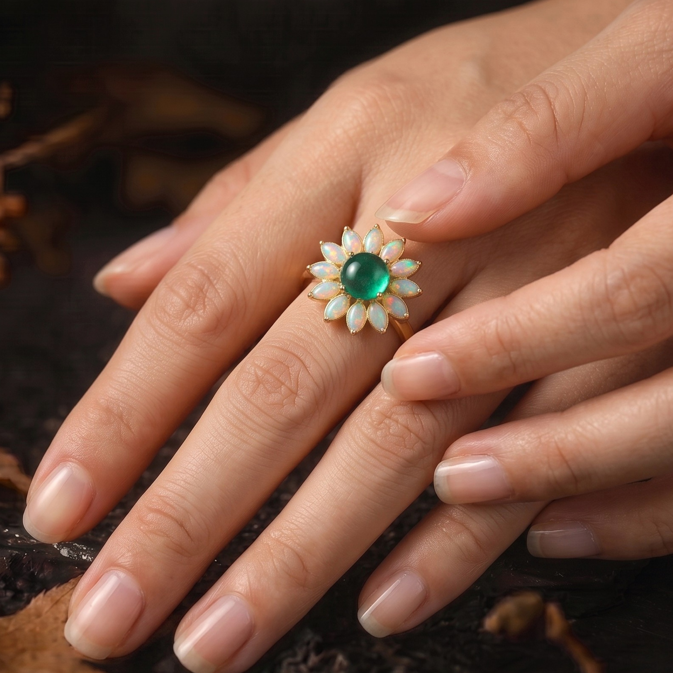 Vintage Garnet Opal Wedding Ring, Nature Inspired Floral Cluster Ring for Her October Birthstone Gift, 14K Gold Emerald Jewelry Gift For Her