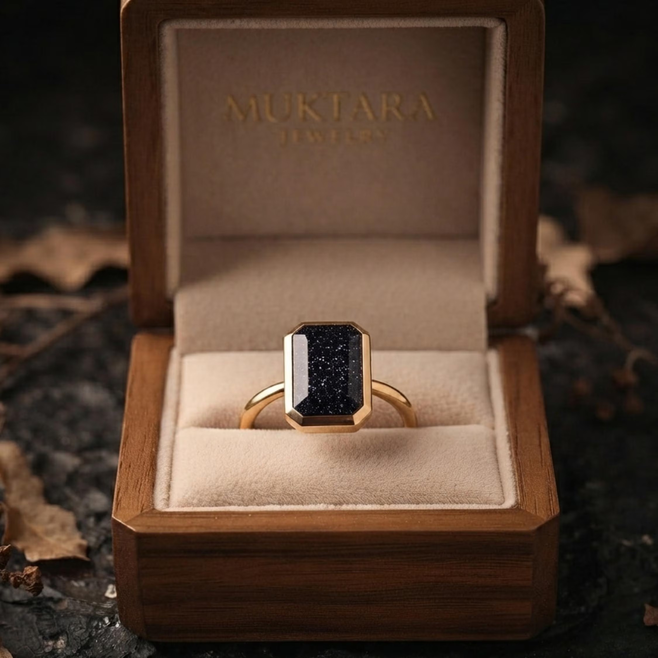 Vintage Art Deco Emerald Cut Blue Sandstone Ring/9k Gold Galaxy Sandstone Promise Statement Jewelry/Blue Gemstone Anniversary Gift For Women