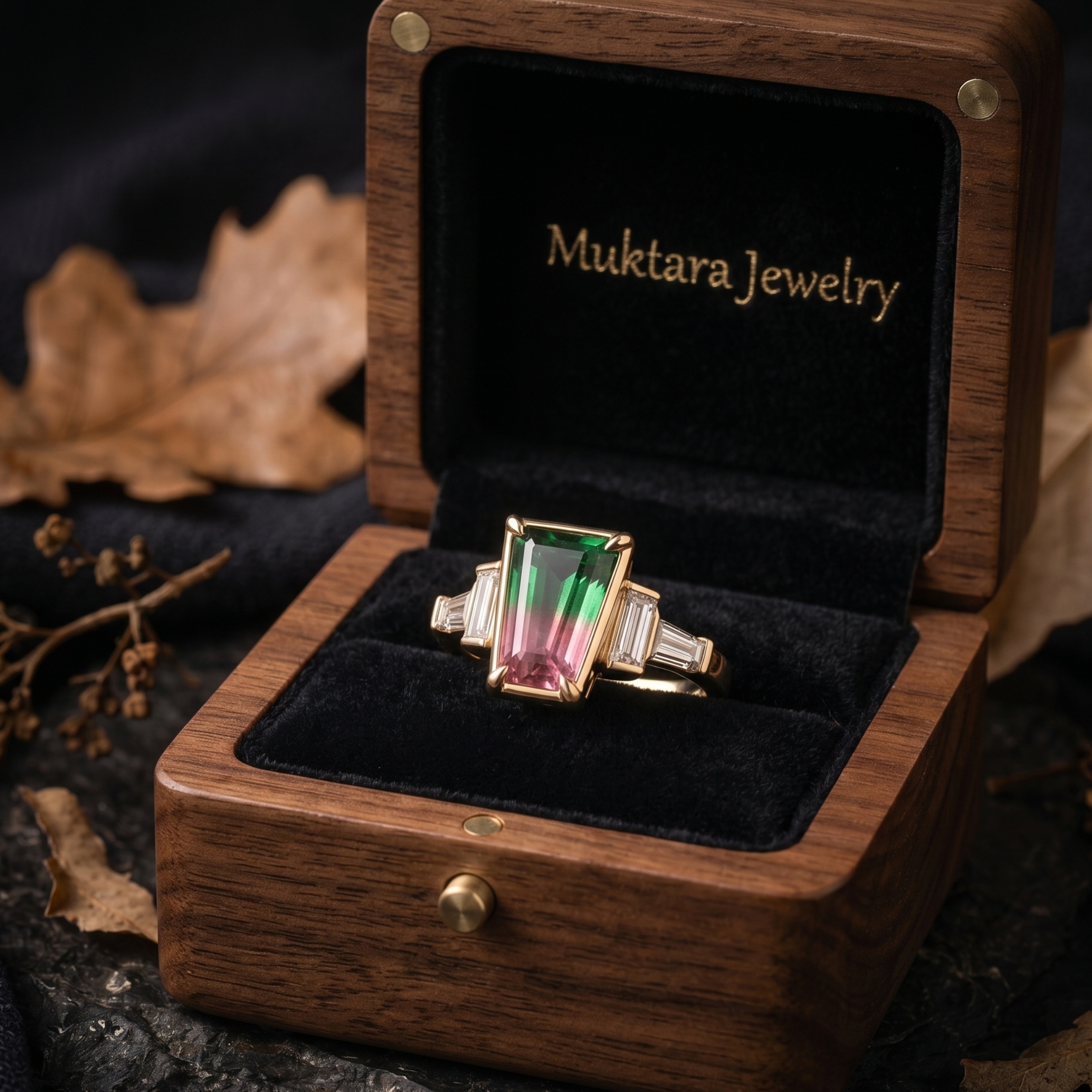 Vintage Watermelon Tourmaline Ring, Five Stone Engagement Ring, Pink & Green Gemstone Ring, Baguette Cut Moissanite Anniversary Bridal Gift