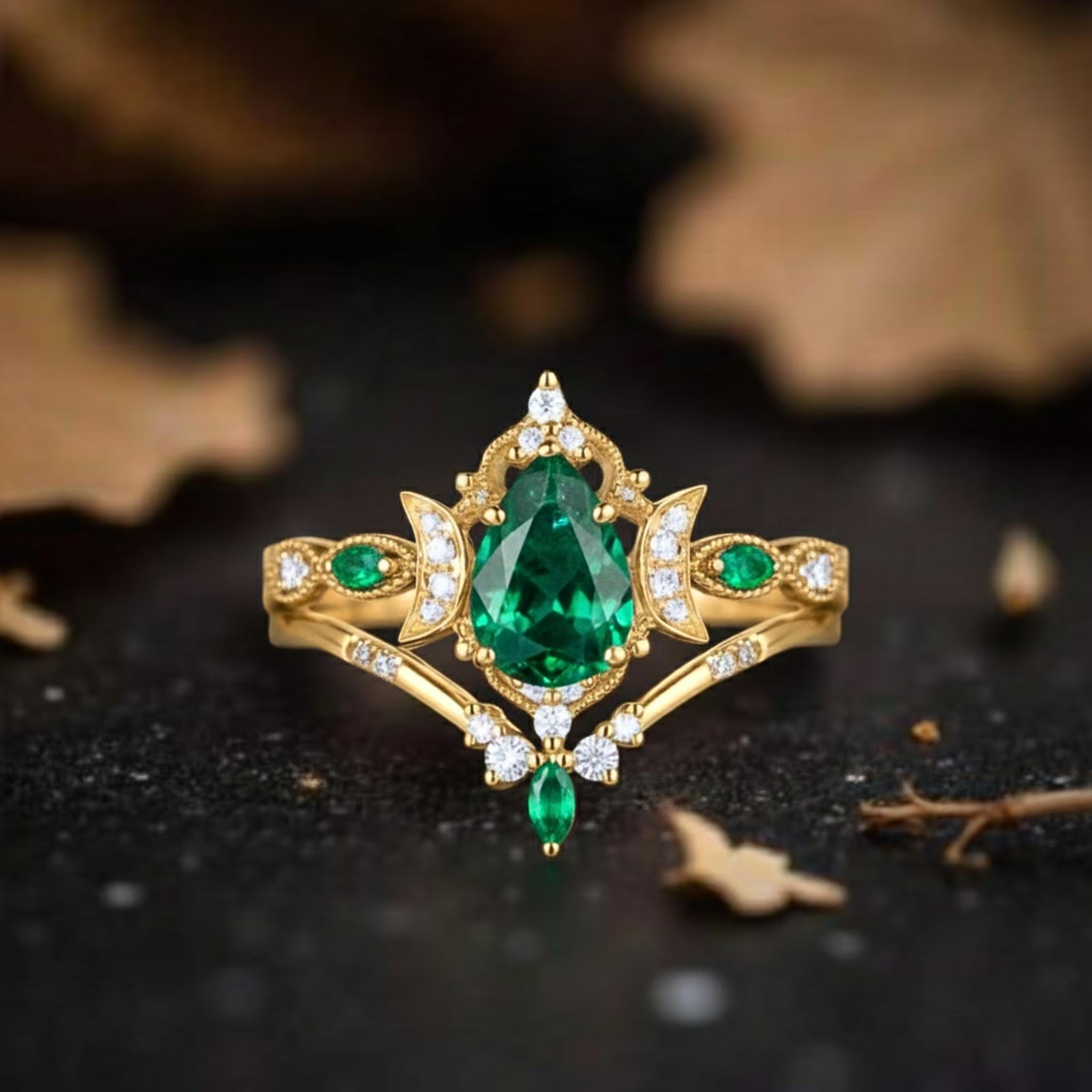 Emerald Moissanite Vine Half Moon Unique floral Engagement ring Pear Shaped Bridal Set Anniversary gift Vintage Wedding Ring Gifts For Women