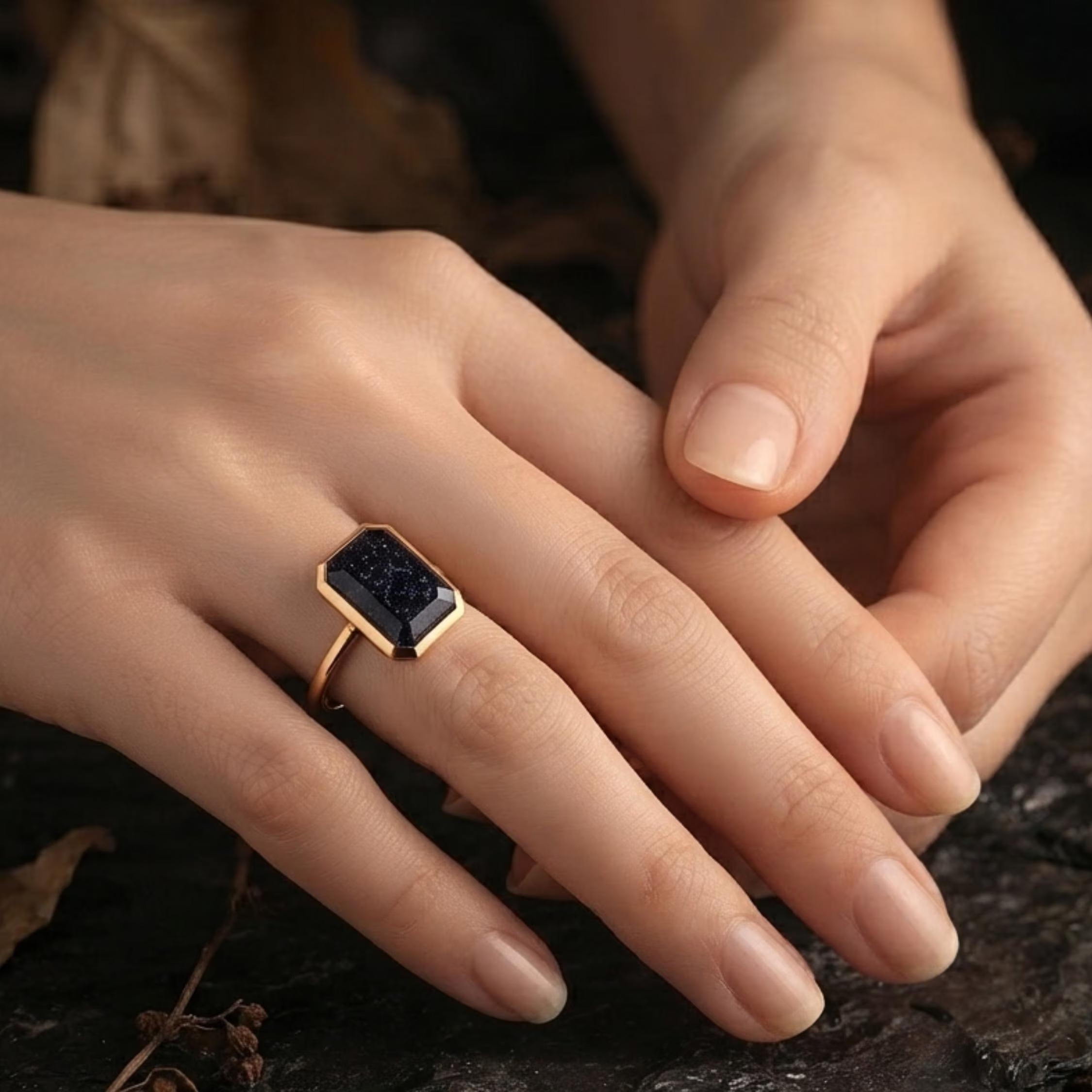 Vintage Art Deco Emerald Cut Blue Sandstone Ring/9k Gold Galaxy Sandstone Promise Statement Jewelry/Blue Gemstone Anniversary Gift For Women