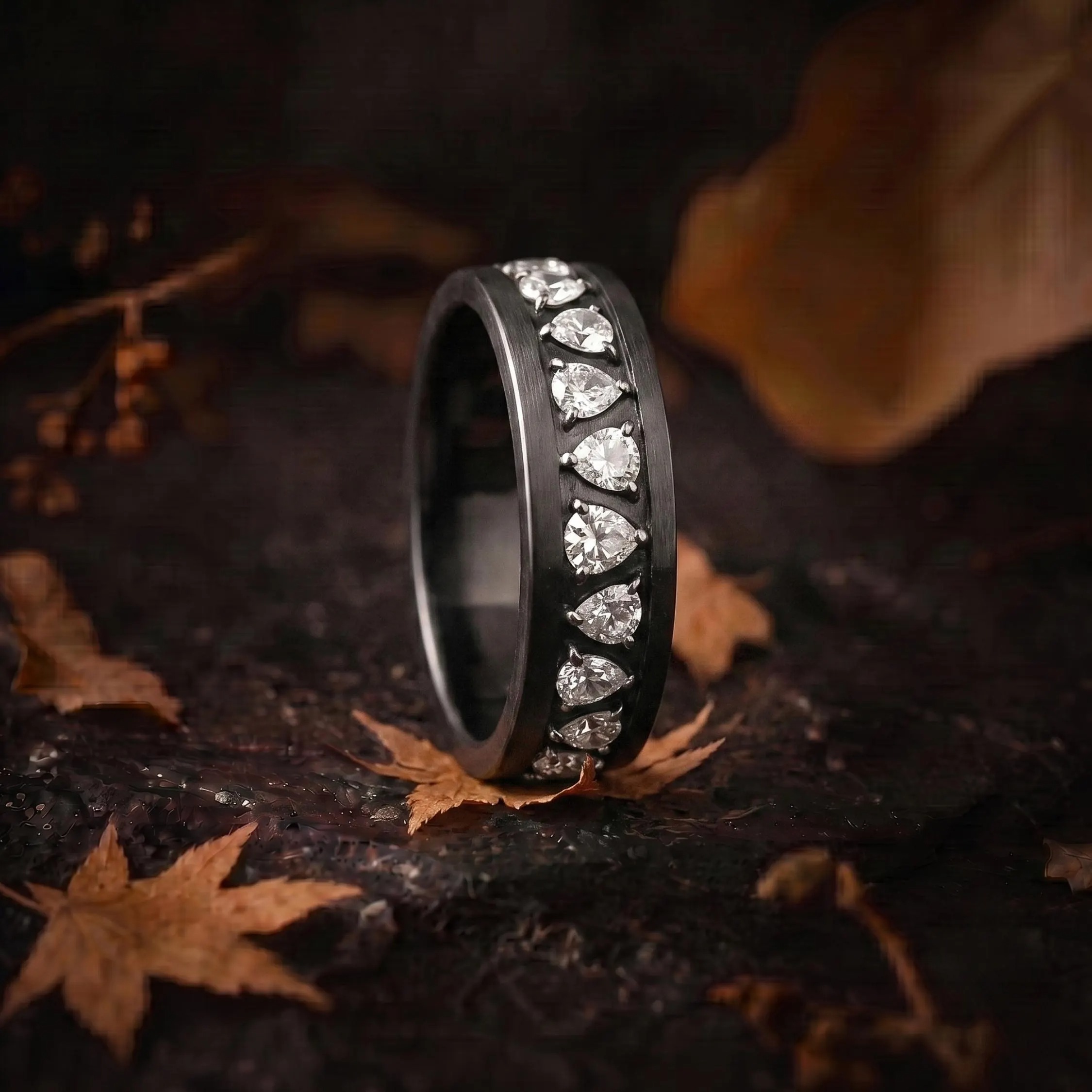 Vintage 14k Black Gold Pear Cut Moissanite Band, 4 MM Wide Stacking Band, Pear Moissanite Wedding Band, Birthday Anniversary Gift For Woman