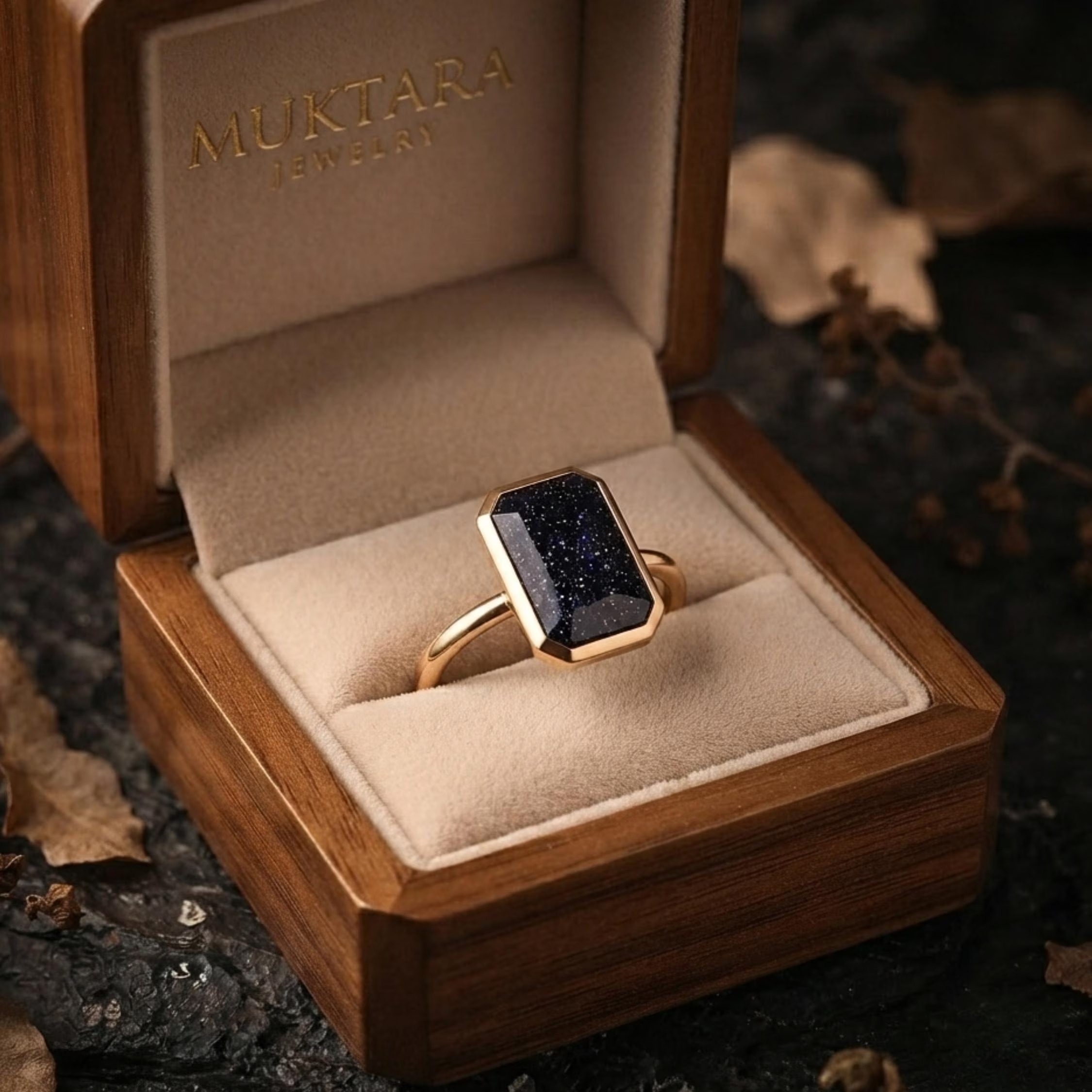 Vintage Art Deco Emerald Cut Blue Sandstone Ring/9k Gold Galaxy Sandstone Promise Statement Jewelry/Blue Gemstone Anniversary Gift For Women