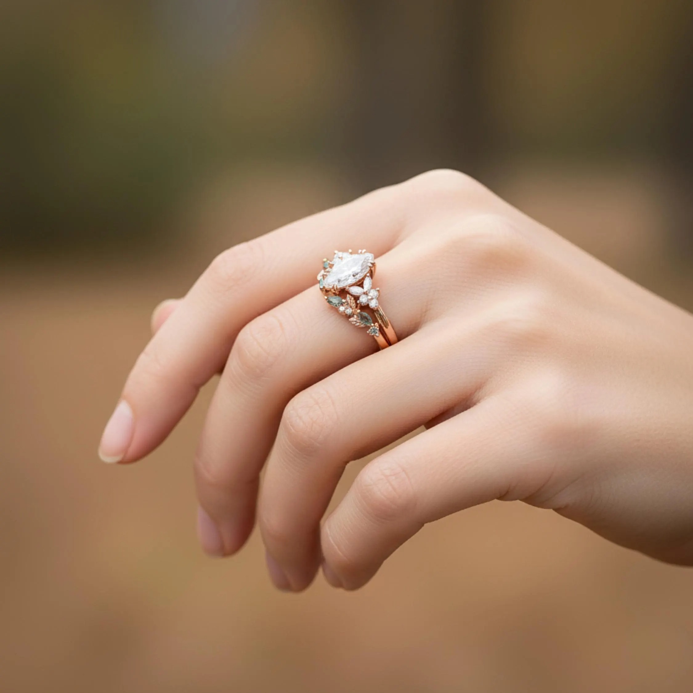 Marquise Cut Moissanite Engagement Ring Set 14k Rose Gold Bridal Ring Set Diamond Cluster Wedding Stacking Band Promise ring Gift For Her