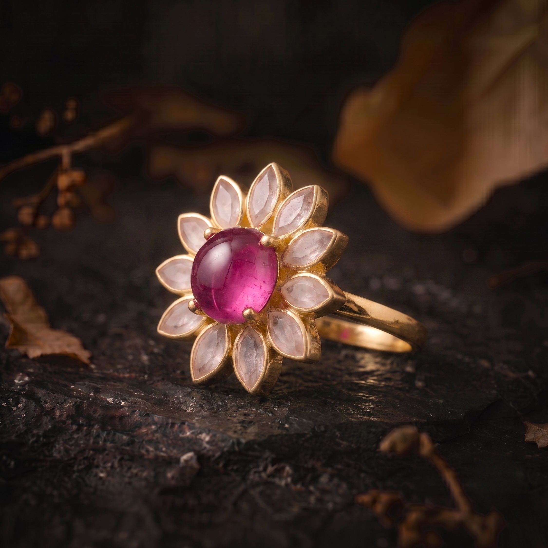 Natural Sapphire Quartz Flower Halo Ring/Pear Rose Quartz Engagement Ring/Handmade Art Deco Pink Sapphire Nature Inspired Fine Gift For Her