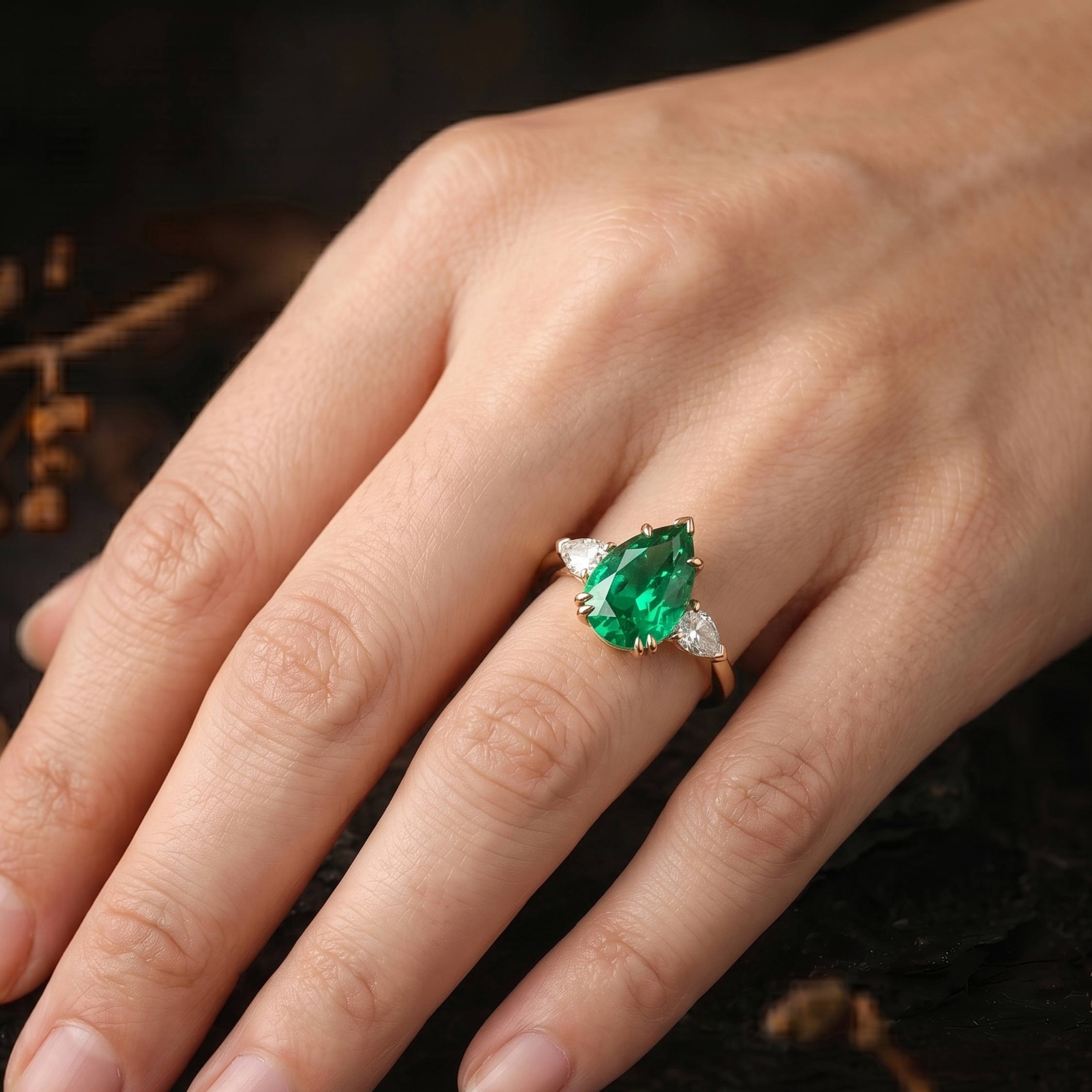 Genuine Emerald Pear Cut Engagement Ring, 14k Gold Halo Diamond Ring, Delicate Green Gemstone Promise Anniversary Birthday Gift for Women