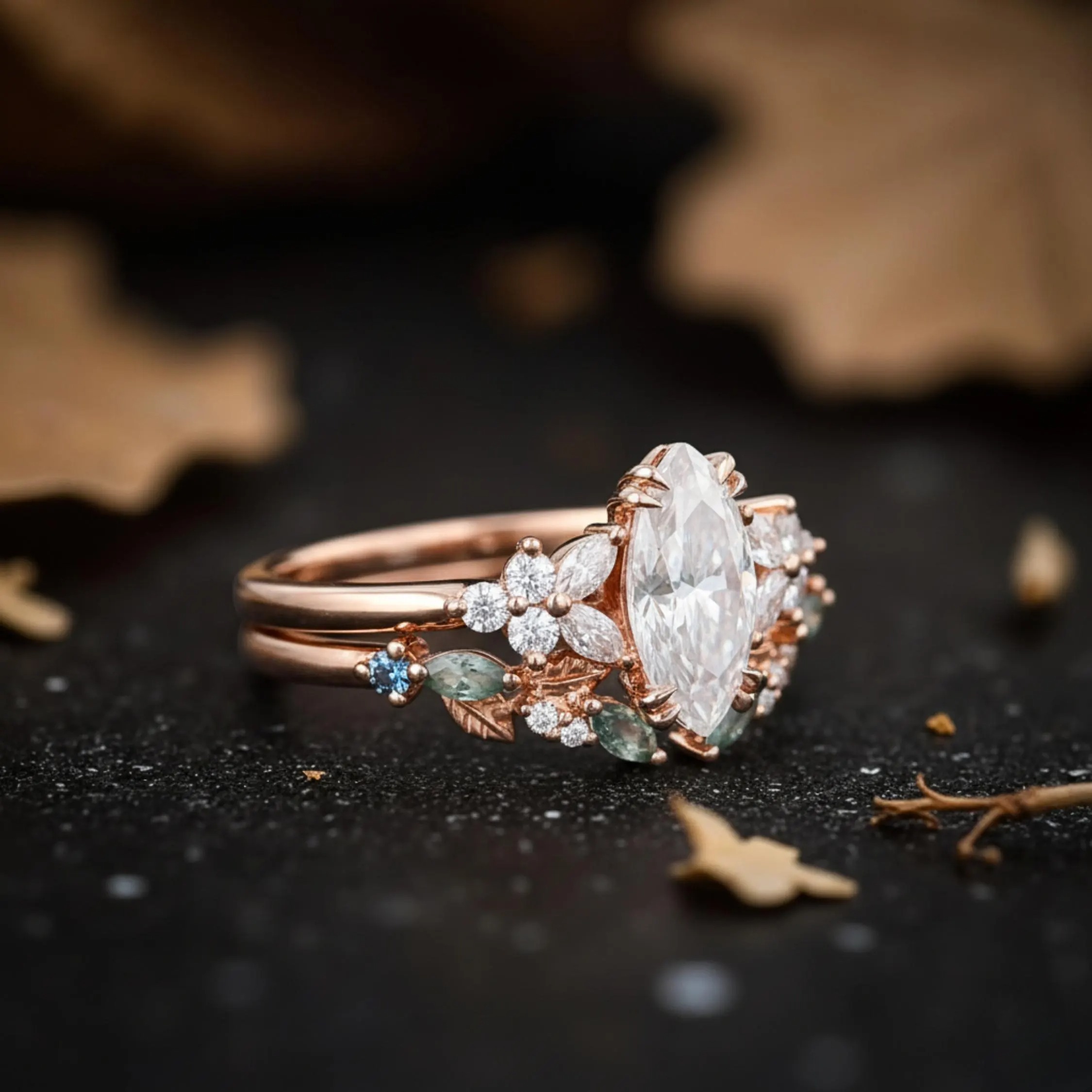 Marquise Cut Moissanite Engagement Ring Set 14k Rose Gold Bridal Ring Set Diamond Cluster Wedding Stacking Band Promise ring Gift For Her