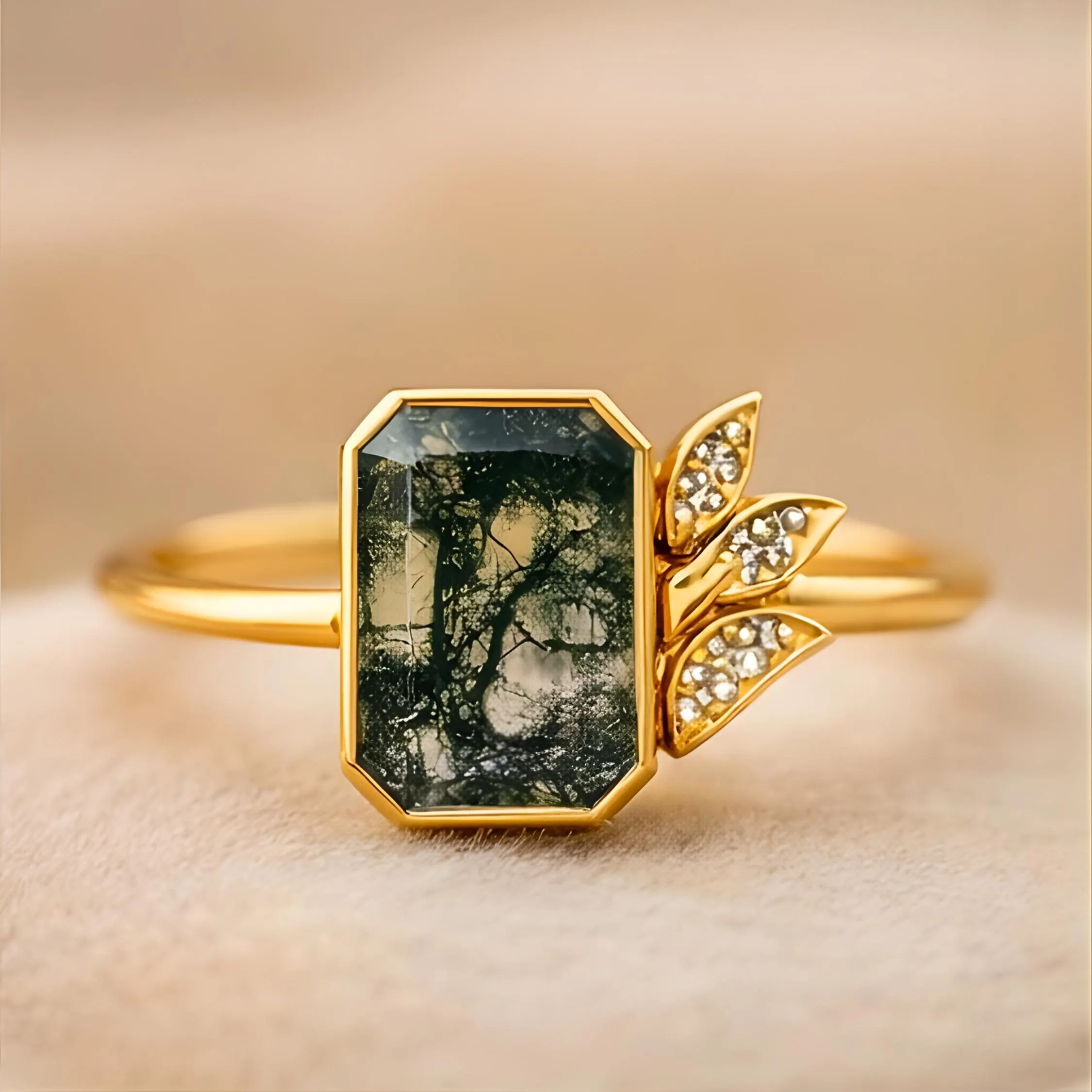 Natural Emerald Cut Moss Agate Engagement Ring, Green Gemstone Delicate Stacking Ring, Moissanite Promise Ring for Women By Muktara Jewelry