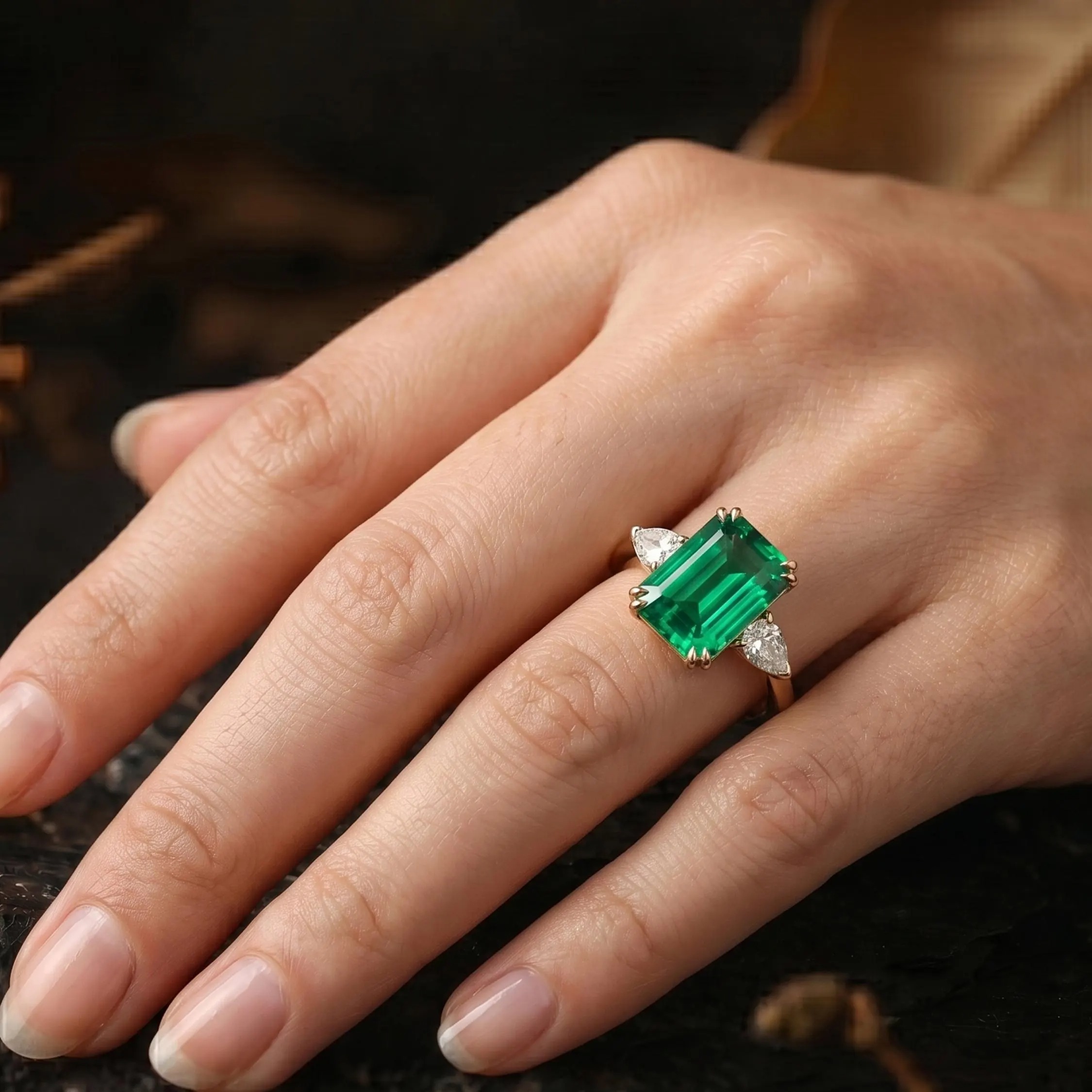 Emerald Cut Emerald Engagement Ring, May Birthstone Jewelry, 14k Gold Moissanite 3 Stone Promise Wedding Jewelry, Anniversary Birthday Gift