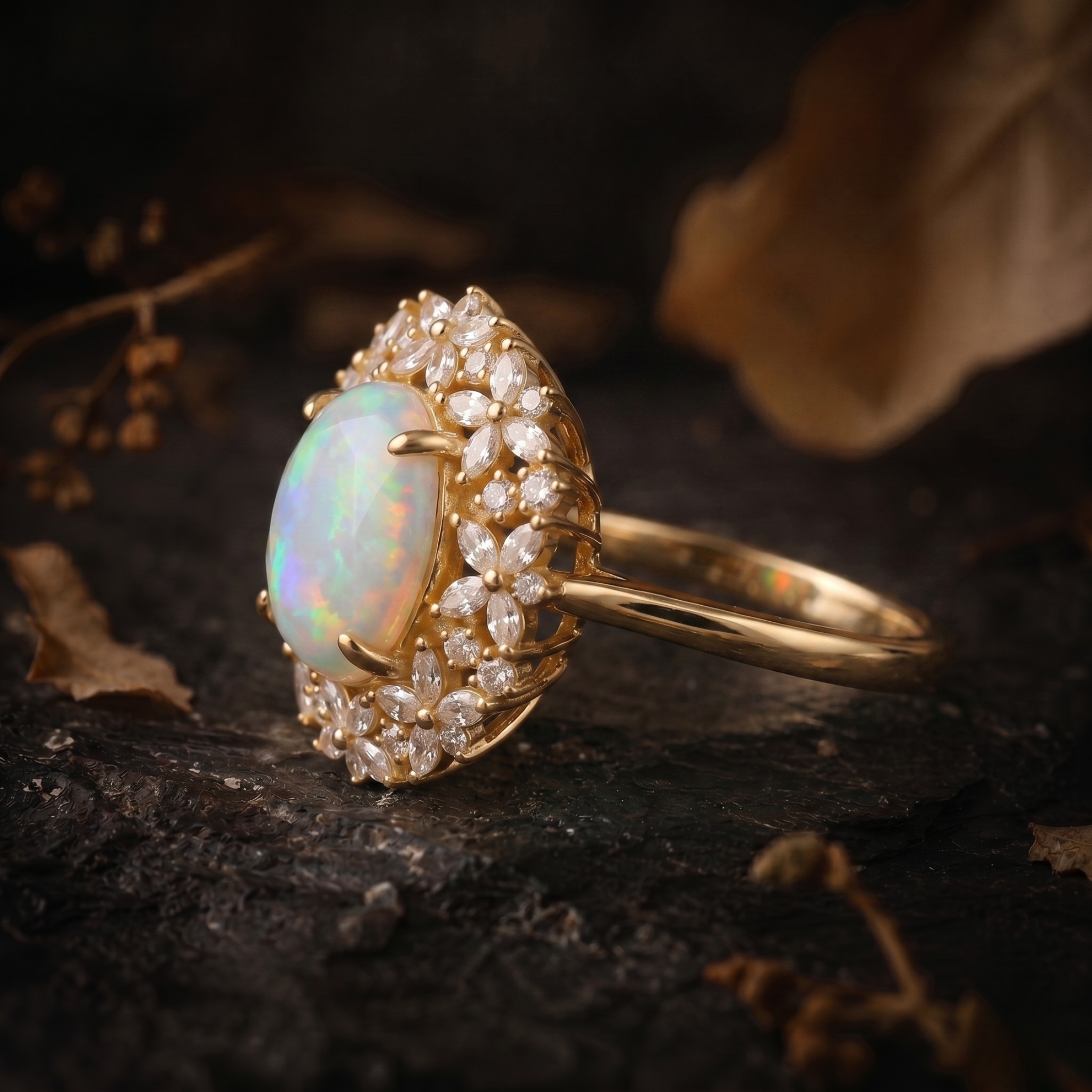 Unique Marquise Cut Flower Moissanite Engagement Ring, 14k Gold Blue Moonstone Floral Twist Promise Ring for Women Oval Nature Inspired Ring