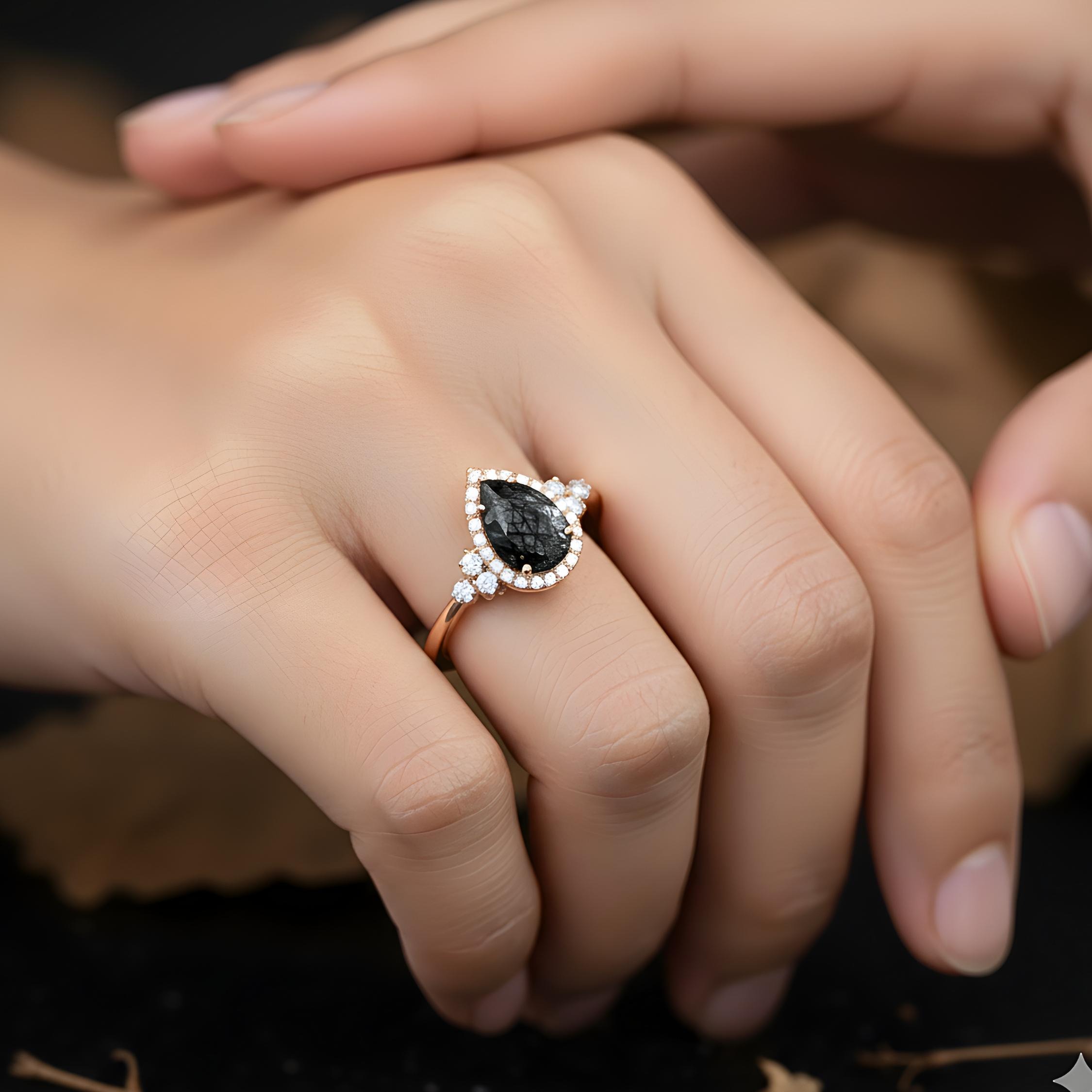 Vintage Art Deco Pear Cut Black Rutile Engagement Ring, Unique Promise Statement Jewelry 14K Rose Gold Rutile Moissanite Ring Bridal Jewelry